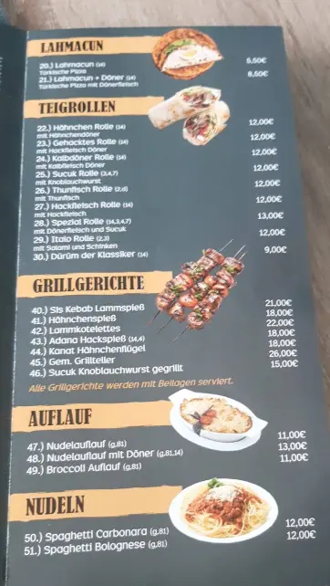 Fotografierte Speisekarte mit Grillgerichten und Teigrollen